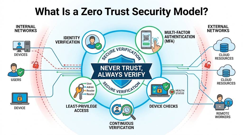 Infographic explaining the Zero Trust Security Model architecture